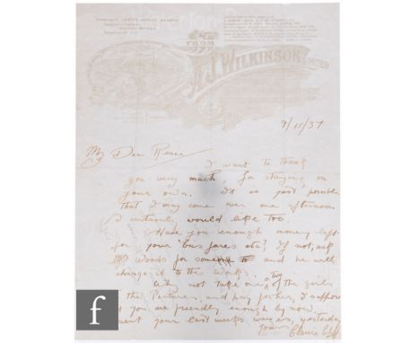 Clarice Cliff - Rene Dale - An original hand written letter from Clarice Cliff to Rene Dale on A.J. Wilkinson headed notepape