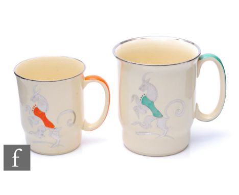 Susie Cooper - A large tankard shape mug with loop handle, hand enamel and silver lustre decorated with a stylised unicorn wi