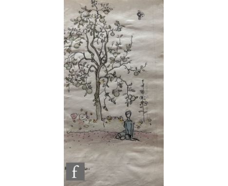 Albert Wainwright (1898-1943) - A sketch of a youth sitting under an apple tree, pen, ink and wash, signed with monogram, unf