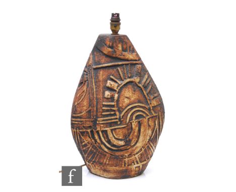 Treamaen Pottery - A large Bowjey lamp base circa 1960s of compressed ovoid form, relief modelled with abstract patterns pick