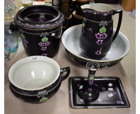 A Shelley Violetta pattern ceramic toilet set comprising wash jug and bowl, slop bucket, chamber pot, etc