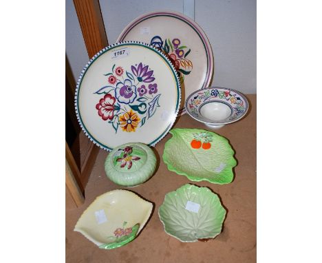 A Carltonware jam pot; two leaf dishes; a Beswick Strawberry dish; Two Poole platters; a Poole bowl