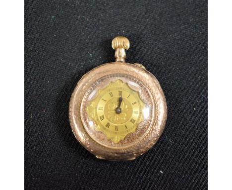 An early 20th century lady's 9ct gold open face fob watch, gilt dial, Roman numerals, button wind movement, 9ct gold case, im