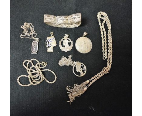 Silver and white metal jewellery - a filigree seven panel bracelet;  Egyptian revival pendants, rope twist necklace etc qty