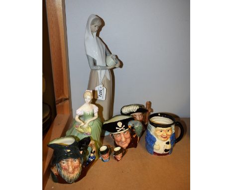 A Royal Doulton ceramic figure, Clarissa, HN2345; a Royal Doulton character jug, Aramis, D6441; others, Long John Silver, Rip