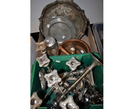 Silver plate- corinthium column candle sticks, candelabra, flatware, a treen nut cracker; wick trimmers; an EP salver; etc