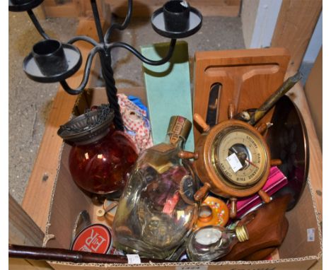 Boxes and Objects - an Edwardian walking stick, silver mounted, Birmingham 1903; novelty ship's wheel wall barometer; candles