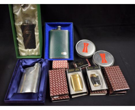 Gentleman's Accessories - a polished pewter 6oz hip flask;  others,  ; a Budweiser petrol lighter;  others Hadson etc all box