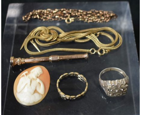 Jewellery - a fancy link yellow metal necklace, unmarked;  another;  a rolled gold slide action propelling pencil,  a cameo p