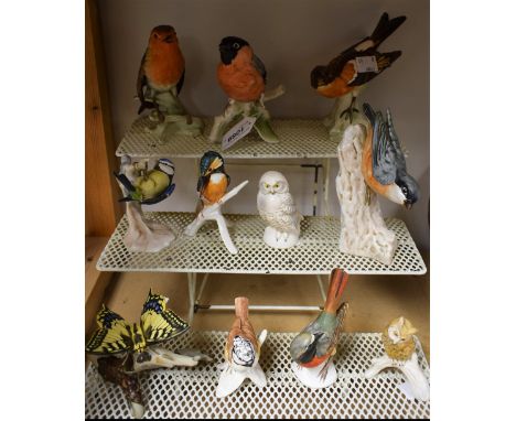 A Goebel ceramic bird, Nuthatch; others, Brambling, Robin, Blue Tit, Kingfisher, Bullfinch, Swallowtail butterfly, etc (11)
