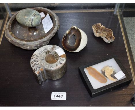 Natural History - Geology - a shaped circular serpentine desk tidy, probably Cornish, internal pedestal surmounted by a polis