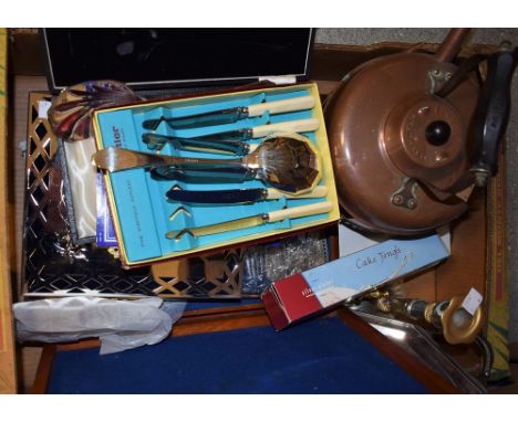 A set of pierced EPNS fish knives and forks, mahogany case; fruit spoons, cased; copper kettle; brass toasting fork; etc