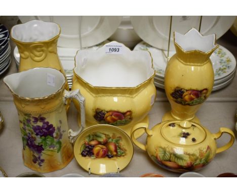 An Aynsley Orchard Gold pattern ovoid jardiniere, sucrier and cover, two vases, pin dish; a Victorian Staffordshire transfer 