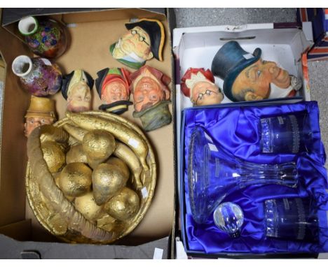 A Royal Mail presentation ship's decanter and pair of whisky glasses, boxed; a novelty ceramic fruit basket, painted in gold;