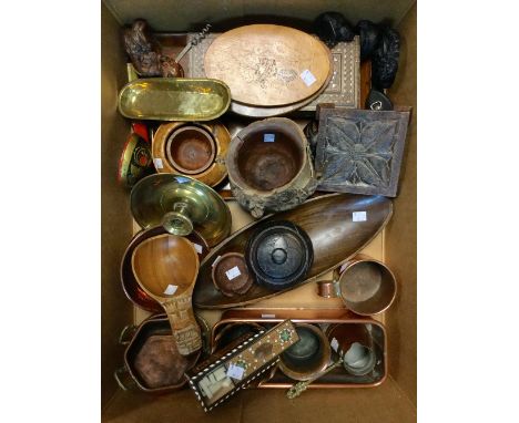 Boxes and Objects - turned treen and other hardwood boxes and dishes; a specimen wood two-handled tray, a marquetry glove box