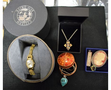 Jewellery - a 9ct gold cross and butterfly pendant necklace;  a silver ingot; a multi colour silver mounted pendant necklace;