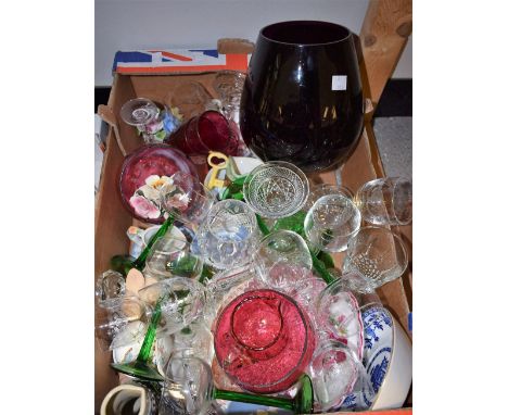 Ceramics and Glass - a Victorian cranberry glass beaker, engraved Central, a cranberry glass milk jug, a set of hock glasses,