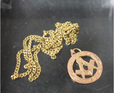 A Masonic square and compass 9ct gold pendant necklace, 9ct rose gold pendant, Birmingham 1914, 4.2g, suspended from a yellow