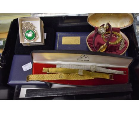 Watches - An Art Deco style silver and gold plated metal cuff bangle watch, designed by Alfred Durante, boxed;  others lady's