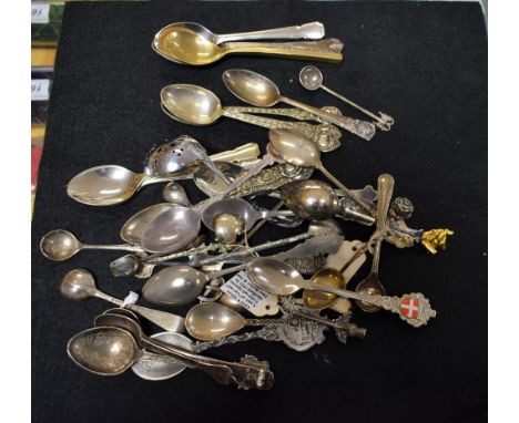 A silver coronation teaspoon; silver condiment spoons; a silver pickle fork with mother-of-pearl knop; others;  EPNS and silv