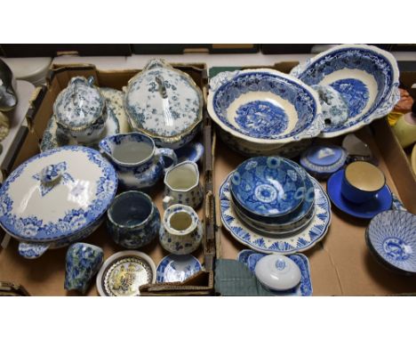 A Victorian Staffordshire flow blue sauce tureen on stand with ladle; other blue and white ceramics; Copeland Spode's Italian