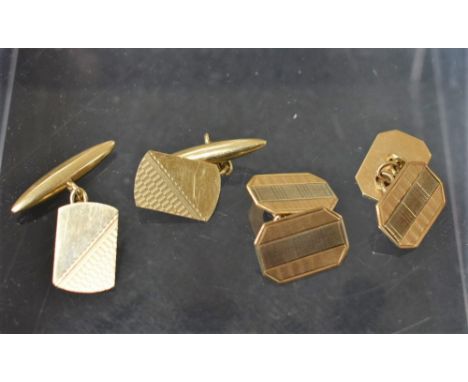 A 9ct gold pair of cufflinks engine turned, Art Deco style; another pair similar 