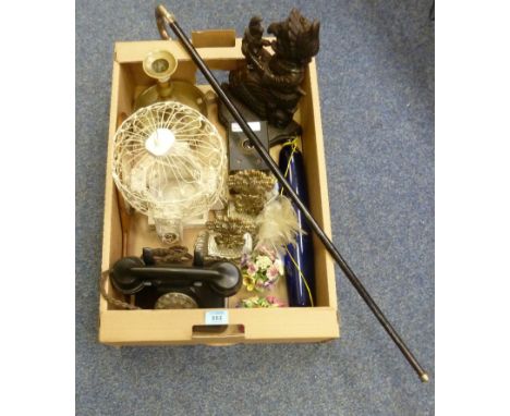 Walking cane with silver handle, cast door stop modelled as 'Judy', two wheatsheaf hearth ornaments, Bristol blue glass rolli