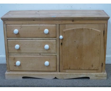 Victorian stripped pine cabinet fitted with three drawers and single cupboard with ceramic handles, W120cm x H75cm