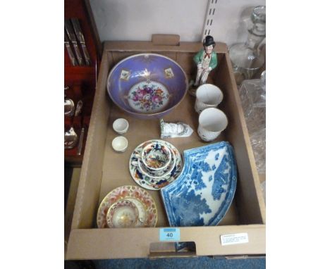 19th century hand painted bowl, two 'Swan Service' beakers bearing Meissen marks, Staffordshire figure 'Gin and Water' and ot