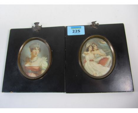Two 19th century oval portrait miniatures in ebonised frames signed 8cm