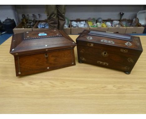 Rosewood tea caddy with mother of pearl inlay and a similar work box
