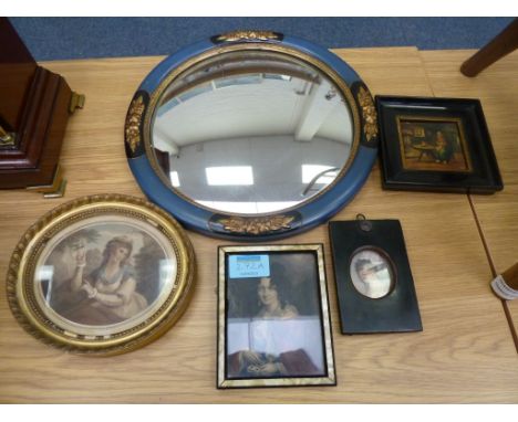Convex mirror in blue and gilt frame, three portrait prints and one other miniature picture