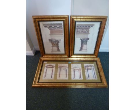 Pilasters and Pediments, pair architectural drawings and one other similar print 