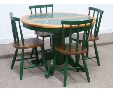 Circular green painted tile top extending table (D106cm) and four chairs