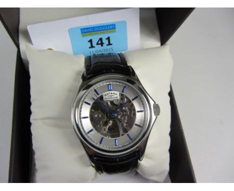 Rotary skeleton automatic wristwatch with black leather strap