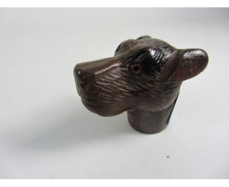 Carved wood dog's head walking stick handle with glass eyes