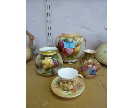 Royal Worcester miniature teacup and saucer Rd. No, 234574, two Royal Worcester vases and a similar Crown Devon vase (4)