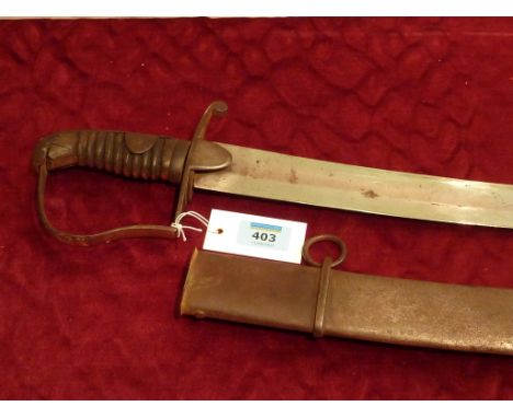 1796 pattern Cavalry sabre 82cm curved blade, wooden grip, plain steel stirrup knucklebow, mounts and scabbard