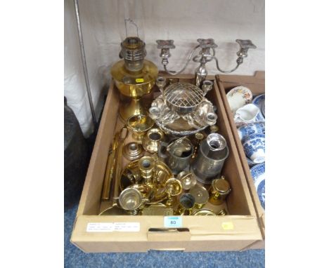 Brass oil lamp, brass poker and other ornamental metalware in one box  