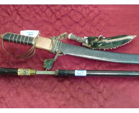 20th century Indian sword, Indian ebonised sword stick, and a Indian Kukri knife in bead work scabbard (3)