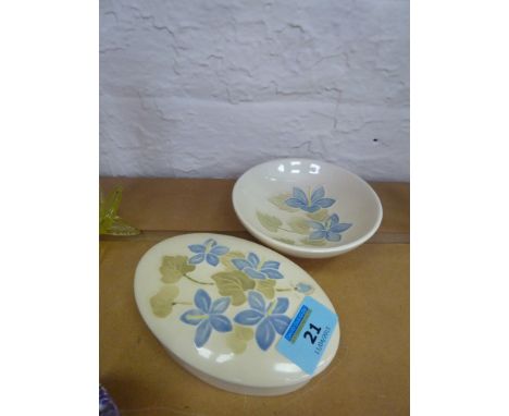 Moorcroft trinket dish and bowl, both decorated with blue flowers on a cream ground 