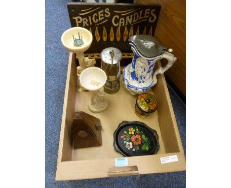 Victorian jug, Rosewood metronome,candle rack 'Prices Candles' miner's lamp, treen etc in one box  