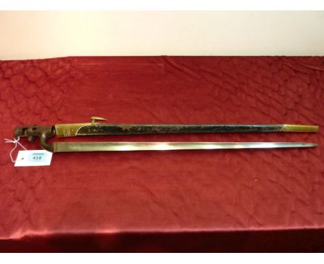 Victorian 1876 pattern socket bayonet, 45cm triangular blade with brass mounted leather scabbard