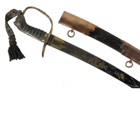 Georgian Cavalry Officer's sword, 74cm original blued and parcel gilt blade, shagreen grip with brass lion's head pommel, lea