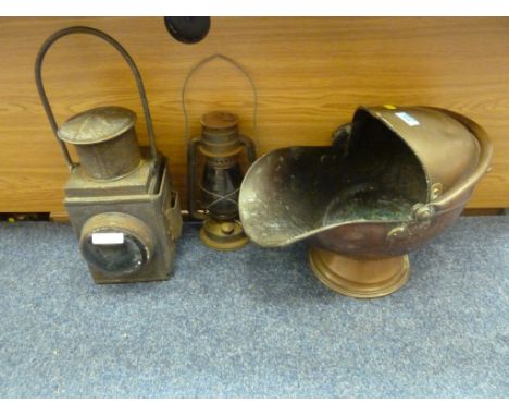 Railway lamp, tilley lamp and a copper coal helmet