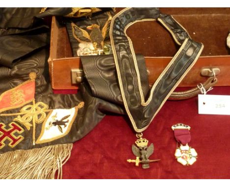 Early 20th century Masonic gold and silver wirework embroidered sash and matching collar piece with cast metal double headed 