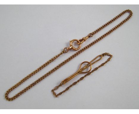 A gold watch chain marked 10ct (approx. 34.5cm, 11.3gms), together with a 9 carat tie clip, 4.3gms.