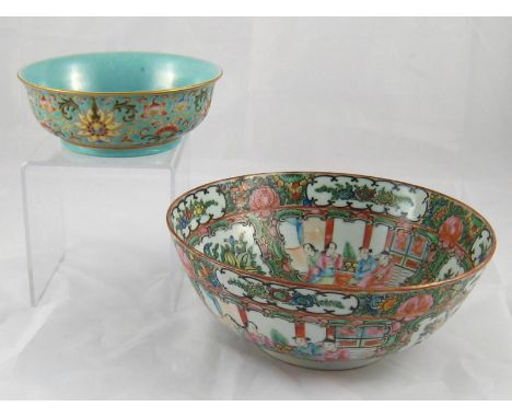 A Chinese ceramic bowl with detailed vignettes, 20cm.diameter, together with a later bowl with floral decoration. 13.5cm. dia