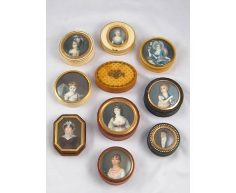 A collection of ten 18th/early 19th. century boxes in ivory, tortoiseshell, gold etc. , including a turned ivory box with pai