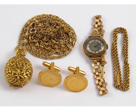 A mixed lot comprising a 9 carat gold necklace, 40cm long, 3.2 gms, together with gold plated items, being a watch, a locket 
